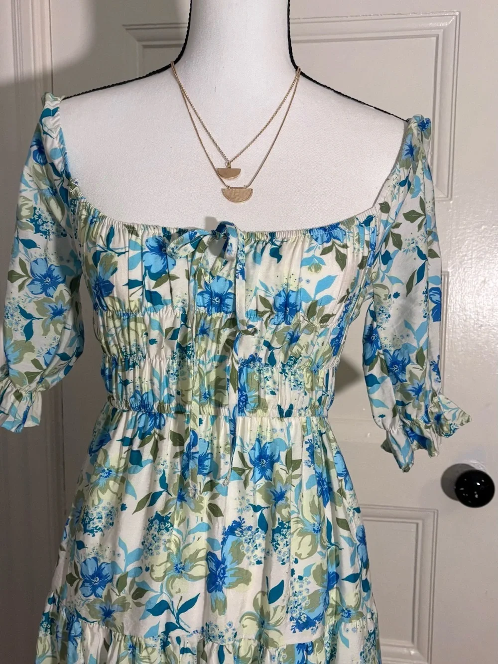 Smocked Square-Neck Mini Dress in Blue Floral - Picture 5 of 8